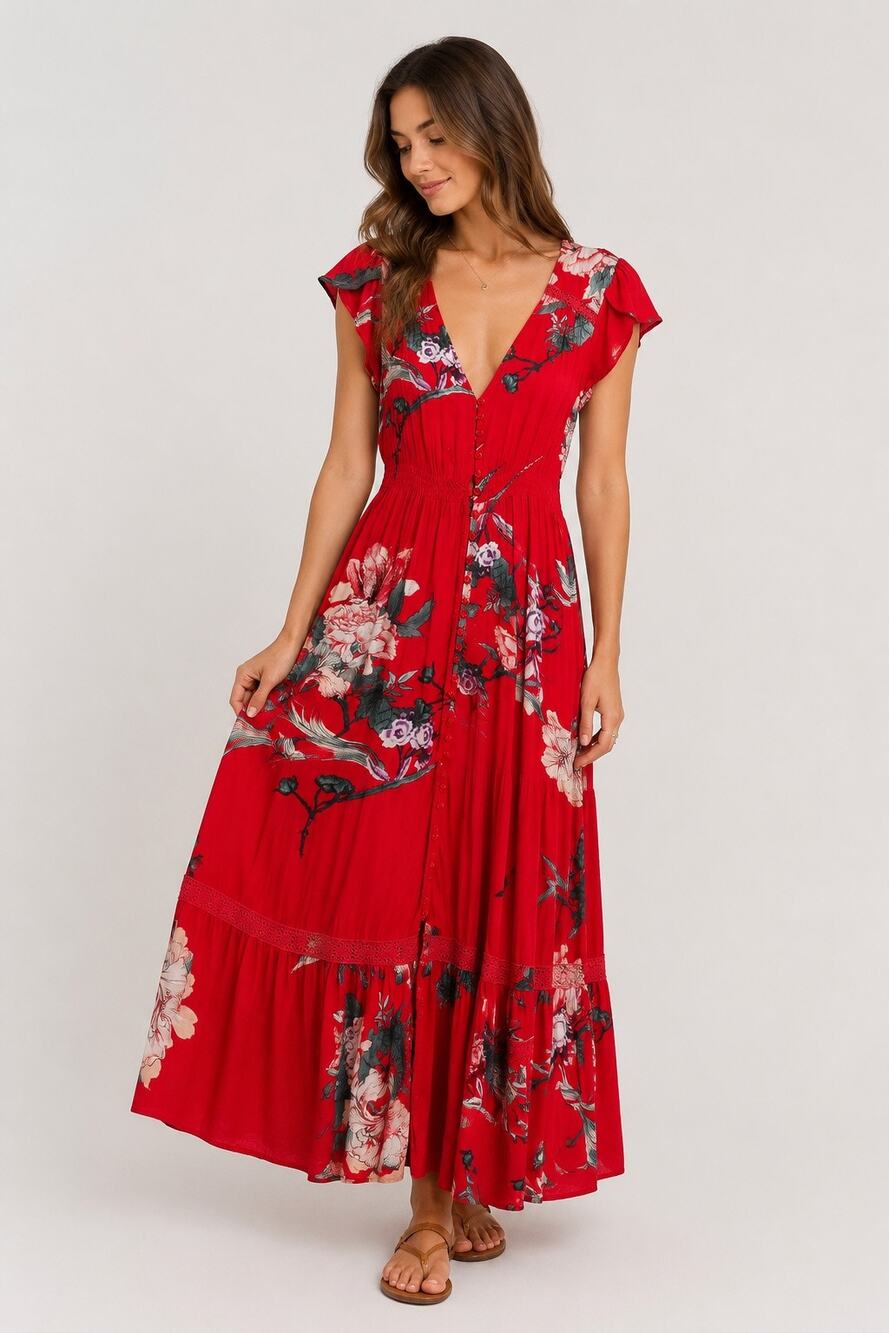 Free People Red Floral Maxi Dress Sz 2 Boho Cottage Festival Button Front Indie